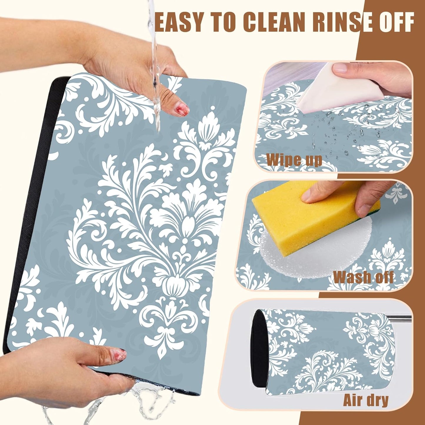 Dish Drying Mat Blue Damask Floral Coffee Bar Mat for Countertop - Absorbent, Rubber Backed, Hide Stain Dish Drainer Rack - Coffee Maker Pot Dining Room Decoration 15.7 x 23.6 Inch - cafe - crumble.com