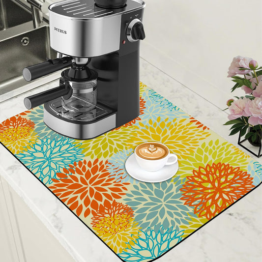 Orange and Blue Chrysanthemum Flower Coffee Mat Absorbent Dish Drying Mat Hide Stain Rubber Backed Coffee Bar Accessories Fit Under Espresso Machine Cafe Table 15.7 x 23.6 Inch - cafe - crumble.com