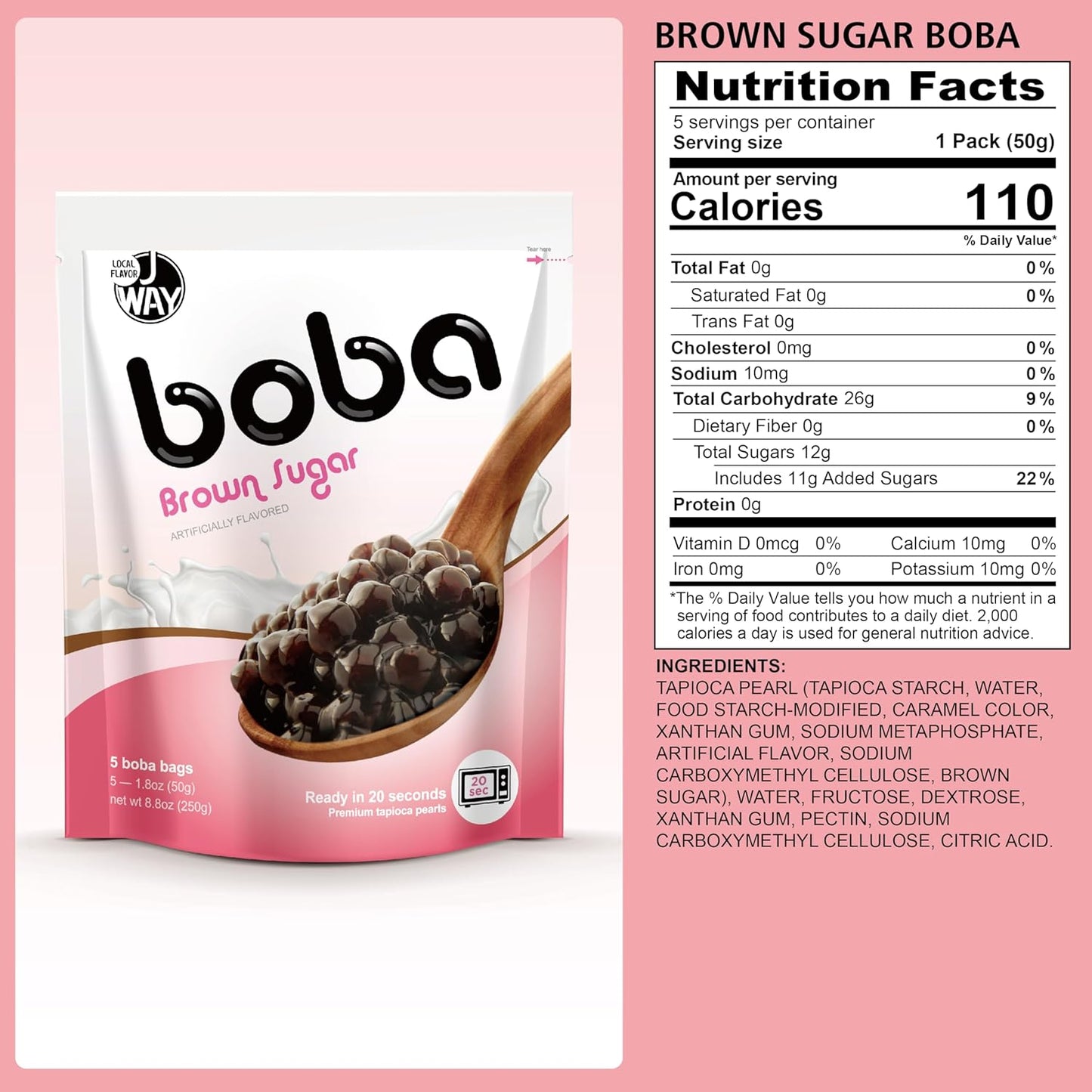 J WAY BOBA Authentic Instant Tapioca Boba Pearls for Milk Tea, Smoothies and Desserts, Brown Sugar Flavor (Ready in Just 20 Seconds) - 5 Servings