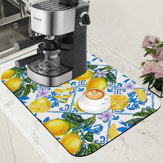 Lemon Fruit and Purple Flower Coffee Mat Absorbent Dish Drying Mat for Kitchen Counter Hide Stain Rubber Backed Coffee Bar Accessories Fit Under Espresso Machine Dish Drainer, 11.8 x 19.7 Inch - cafe - crumble.com