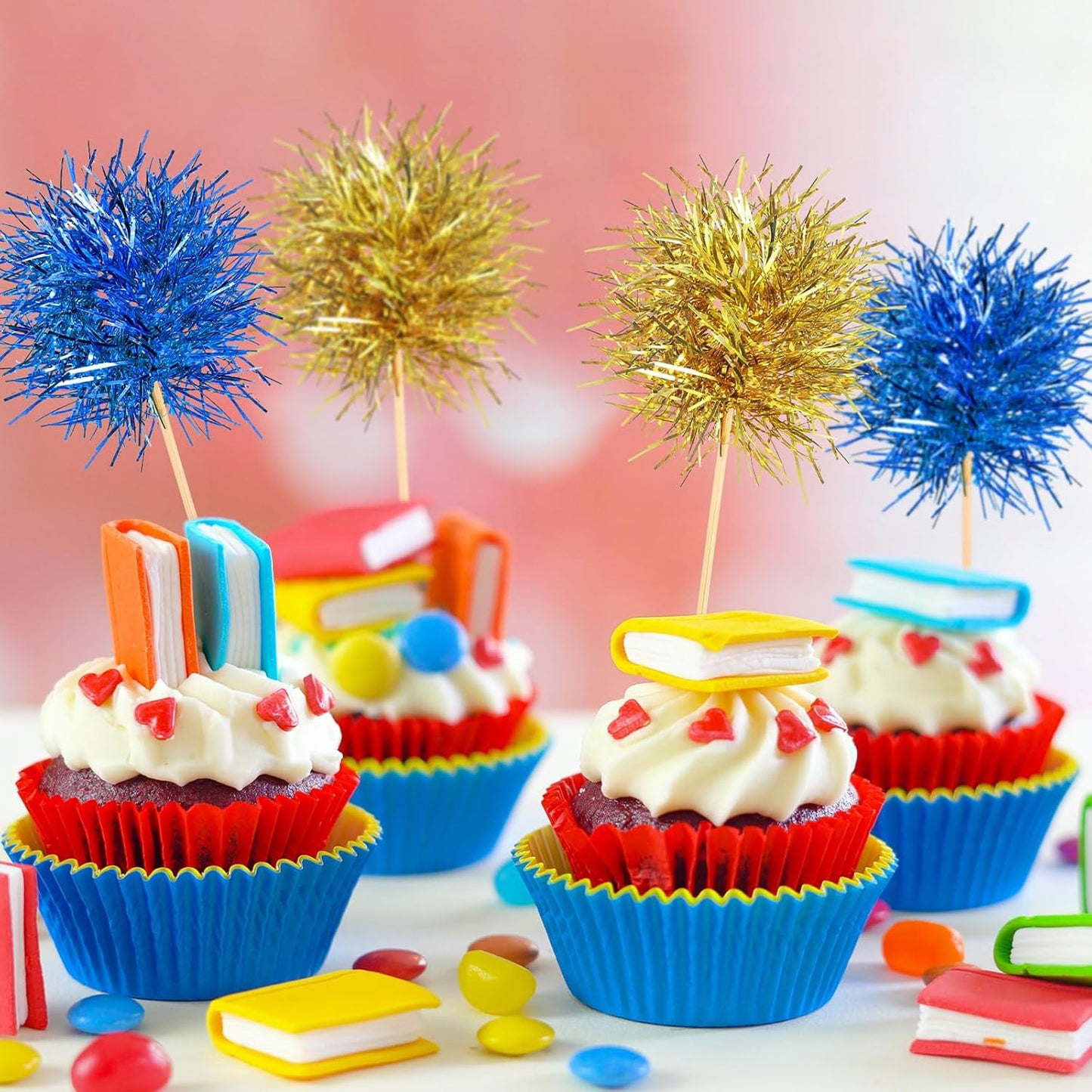 Chinco 100 Pcs Foil Firework Cupcake Toppers Sparkle Tinsel Cake Toppers Cake Decoration Cocktail Fruit Toothpick for Birthday Wedding Graduation Party(Blue, Gold)