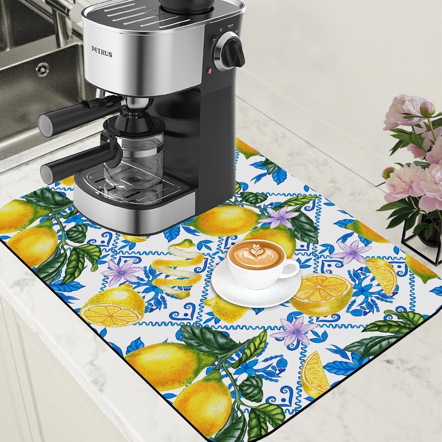 Lemon Fruit and Purple Flower Coffee Mat Absorbent Dish Drying Mat for Kitchen Counter Hide Stain Rubber Backed Coffee Bar Accessories Fit Under Espresso Machine Dish Drainer, 15.7 x 23.6 Inch - cafe - crumble.com