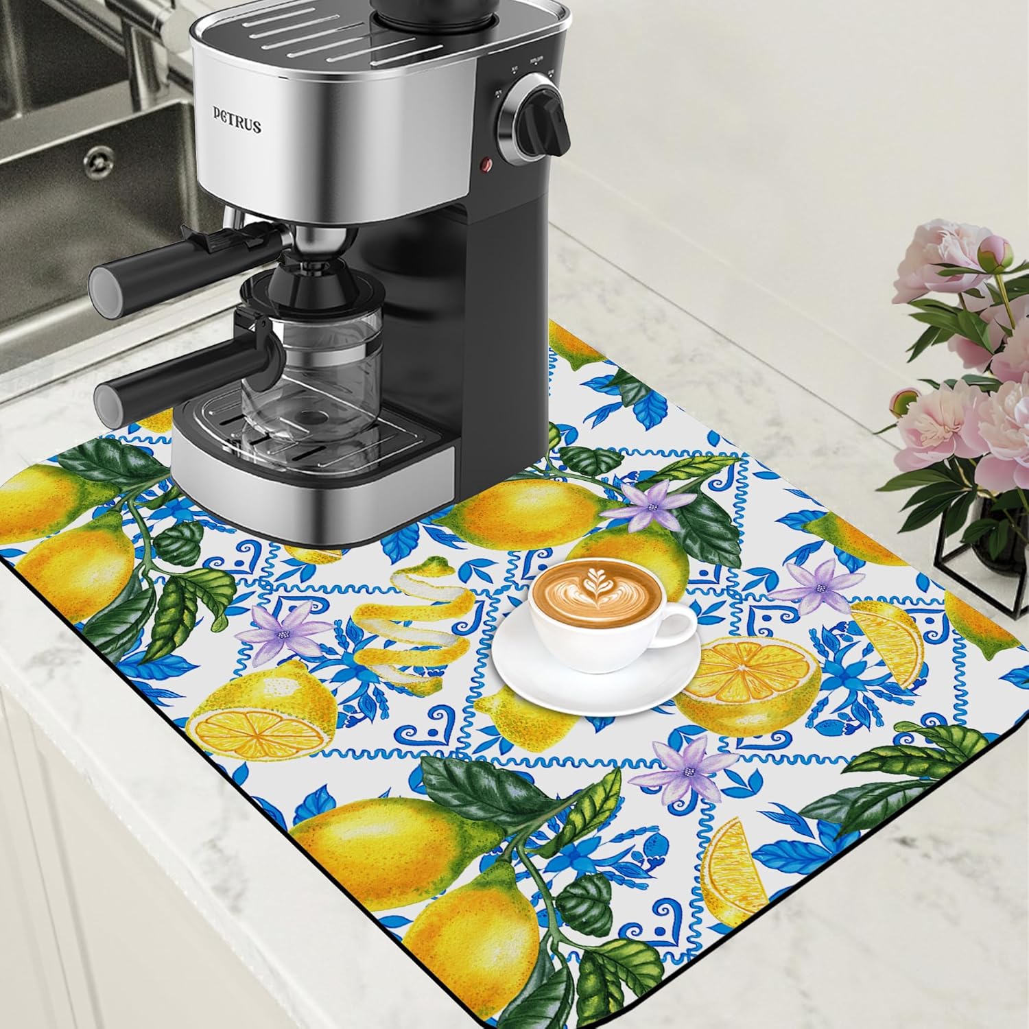 Lemon Fruit and Purple Flower Coffee Mat Absorbent Dish Drying Mat for Kitchen Counter Hide Stain Rubber Backed Coffee Bar Accessories Fit Under Espresso Machine Dish Drainer, 15.7 x 23.6 Inch - cafe - crumble.com