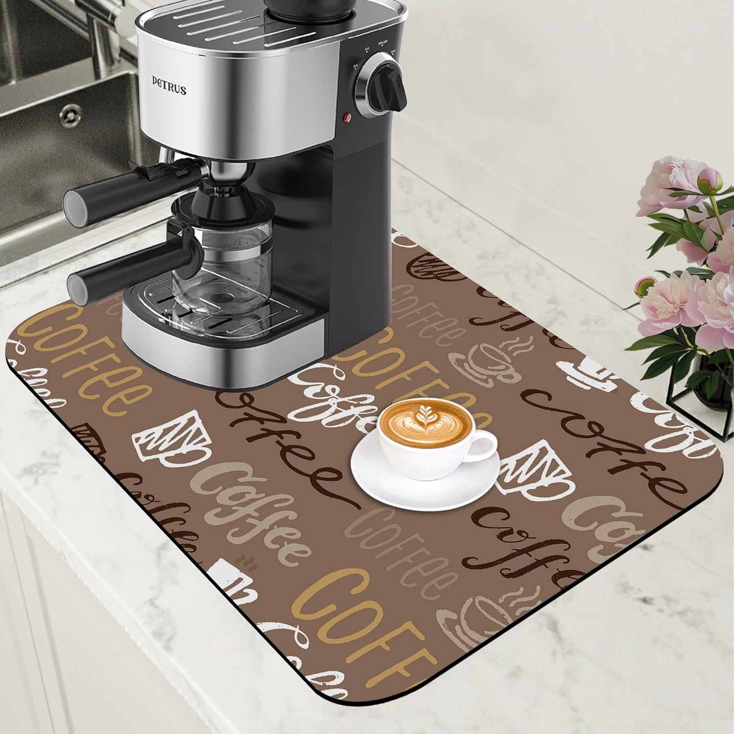 Doodle Coffee Dish Drying Mat Coffee Bar Mat for Countertop Absorbent Rubber Backed Hide Stain Dish Drainer Rack Pad Espresso Machine Cafe Table Dining Room Decoration 11.8 x 19.7 Inch - cafe - crumble.com