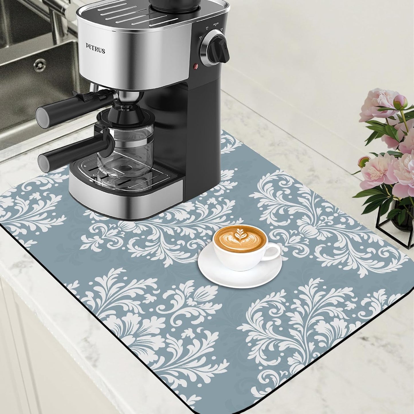 Dish Drying Mat Blue Damask Floral Coffee Bar Mat for Countertop - Absorbent, Rubber Backed, Hide Stain Dish Drainer Rack - Coffee Maker Pot Dining Room Decoration 15.7 x 23.6 Inch - cafe - crumble.com