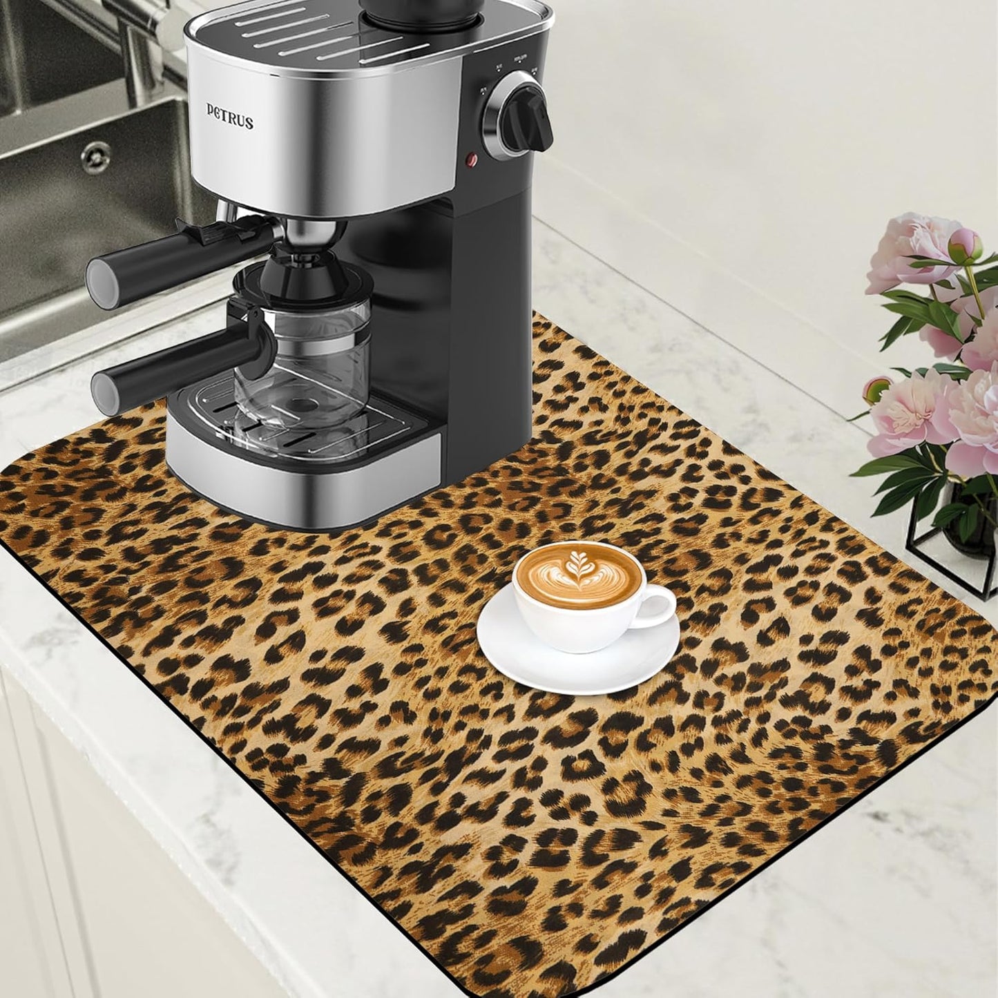Leopard Print Dish Drying Mat for Kitchen Counter Hide Stain Absorbent Drying Rack Pad Rubber Backed Coffee Mat Espresso Machine Coffee Bar Accessories 15.7 x 23.6 Inch - cafe - crumble.com