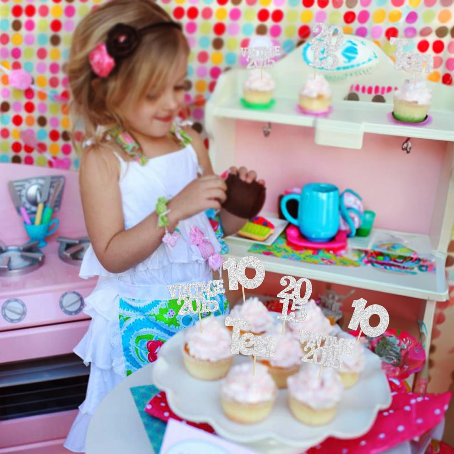 Gyufise 24Pcs 10th Birthday Cupcake Toppers Glitter Ten Vintage 2015 Hello 10 Years Birthday 10 Cupcake Picks Double Digits Cake Decorations for Happy 10th Birthday Anniversary Party Supplies Silver