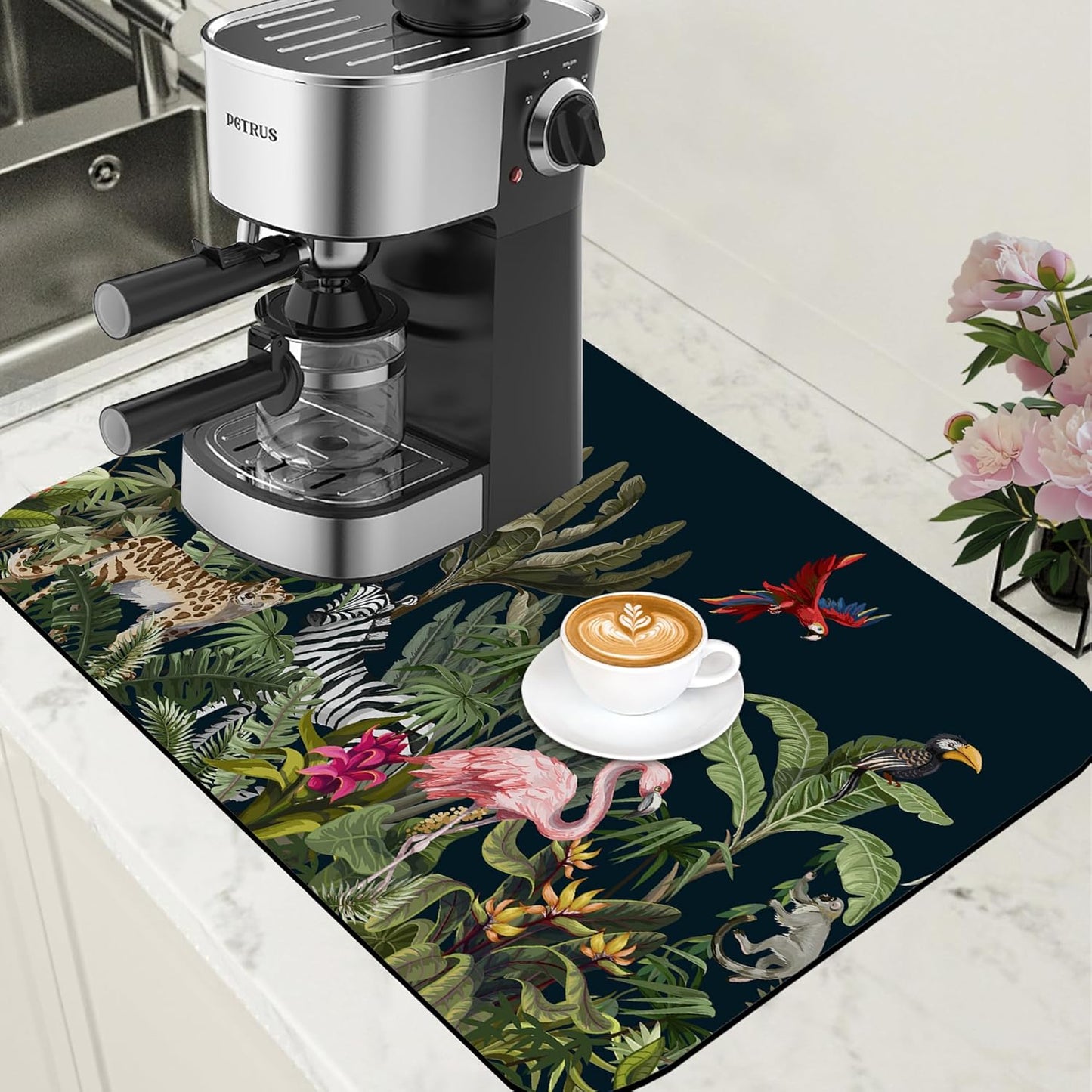 Jungle Animals Coffee Mat Tropical Dish Drying Mat for Kitchen Counter Absorbent Hide Stain Rubber Backed Coffee Bar Accessories Fit Under Espresso Machine Cafe Table, 15.7 x 23.6 Inch - cafe - crumble.com