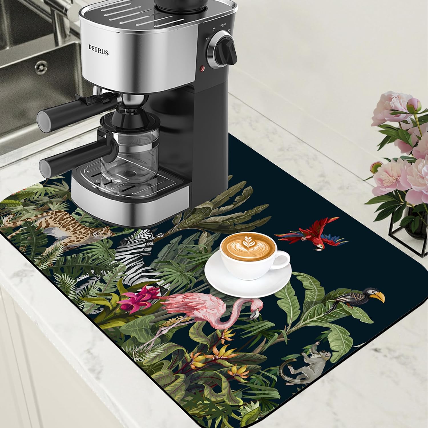 Jungle Animals Coffee Mat Tropical Dish Drying Mat for Kitchen Counter Absorbent Hide Stain Rubber Backed Coffee Bar Accessories Fit Under Espresso Machine Cafe Table, 15.7 x 23.6 Inch - cafe - crumble.com