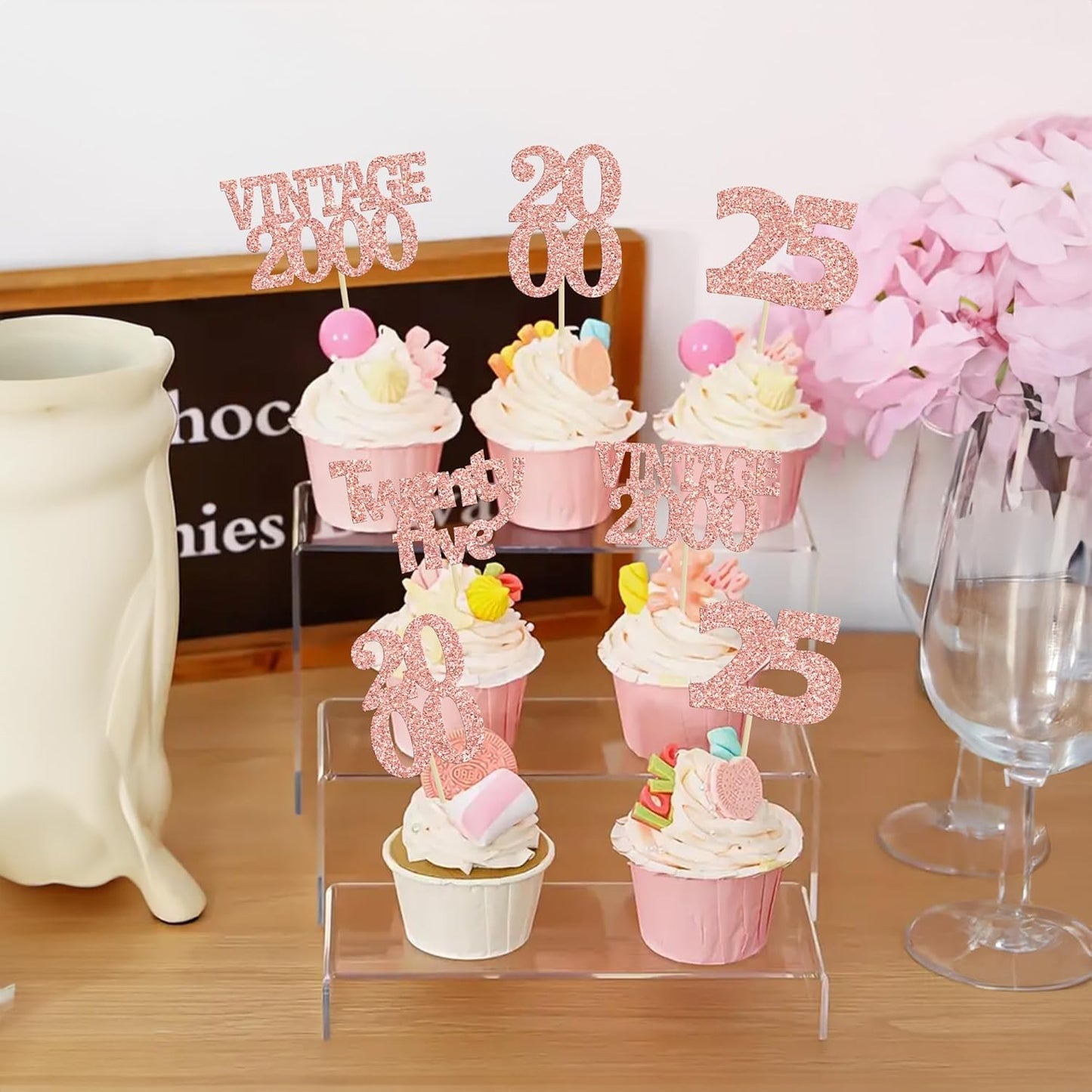 Gyufise 24Pcs 25th Birthday Cupcake Toppers Glitter Twenty-five Vintage 2000 Hello 25 Years Birthday Cupcake Picks Cheers to 25 Cake Decor for Happy 25th Anniversary Party Supplies Rose Gold