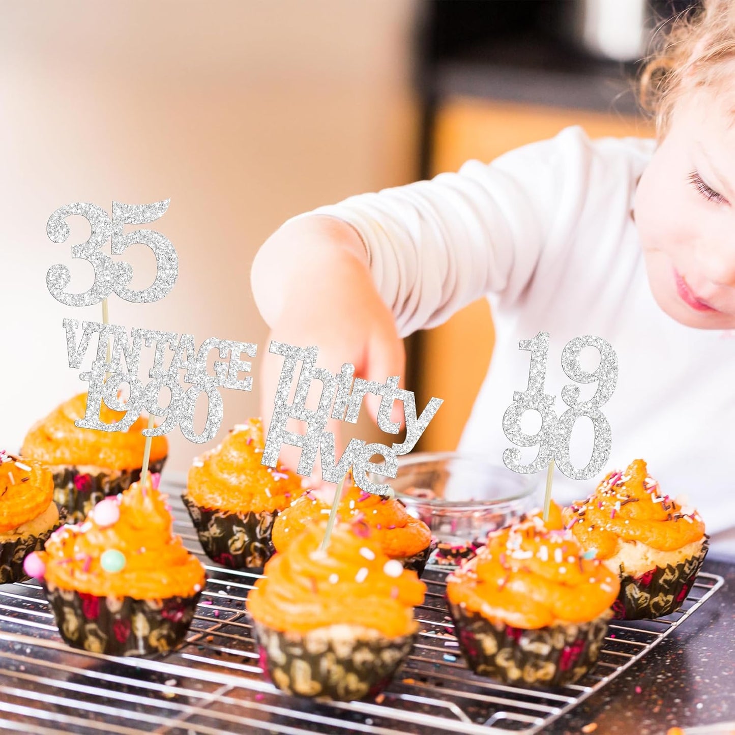 Gyufise 24Pcs Happy 35th Birthday Cupcake Toppers Glitter Thirty Five 35 Fabulous Vintage 1990 Cupcake Picks for 30th Birthday Wedding Anniversary Party Cake Decorations Supplies Rose Gold