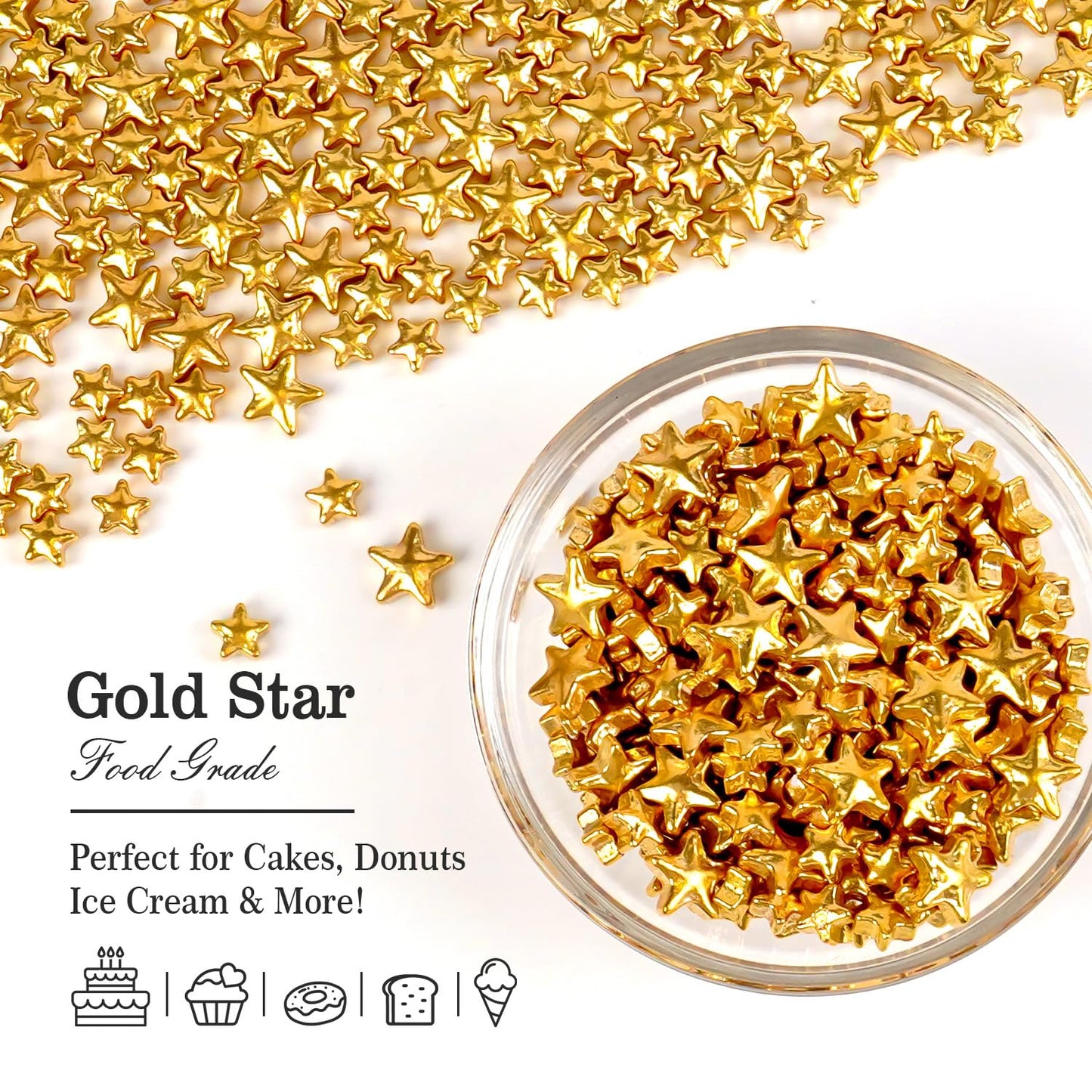 Gold Star Sprinkles for Cake Decorating, Edible Star Sugar Candy, Mix Size, Baking For Cupcakes, Decorating, Cookies, Donuts, Wedding Party, Holiday, 150g/5.29oz - cafe - crumble.com