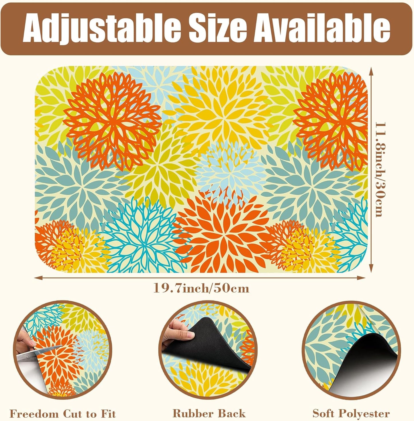 Orange and Blue Chrysanthemum Flower Coffee Mat Absorbent Dish Drying Mat Hide Stain Rubber Backed Coffee Bar Accessories Fit Under Espresso Machine Cafe Table 11.8 x 19.7 Inch - cafe - crumble.com