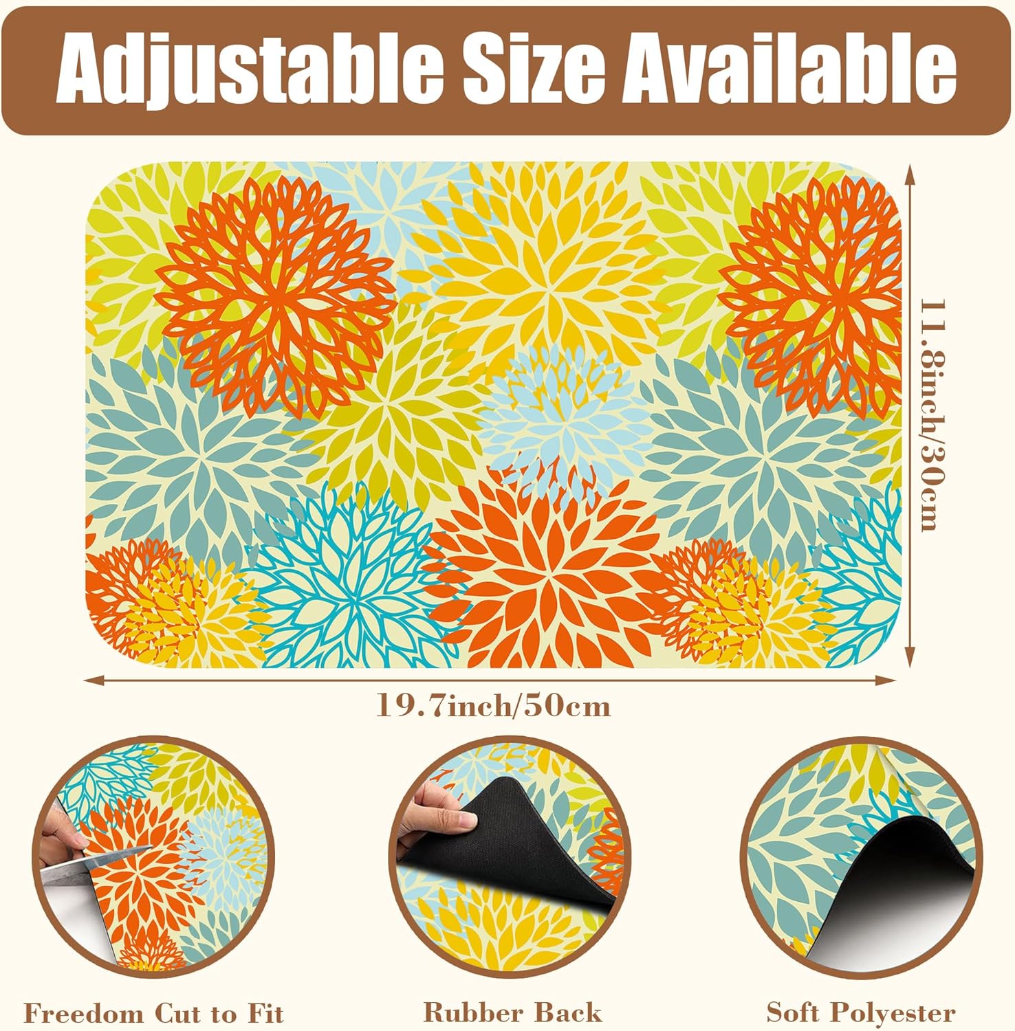 Orange and Blue Chrysanthemum Flower Coffee Mat Absorbent Dish Drying Mat Hide Stain Rubber Backed Coffee Bar Accessories Fit Under Espresso Machine Cafe Table 11.8 x 19.7 Inch - cafe - crumble.com