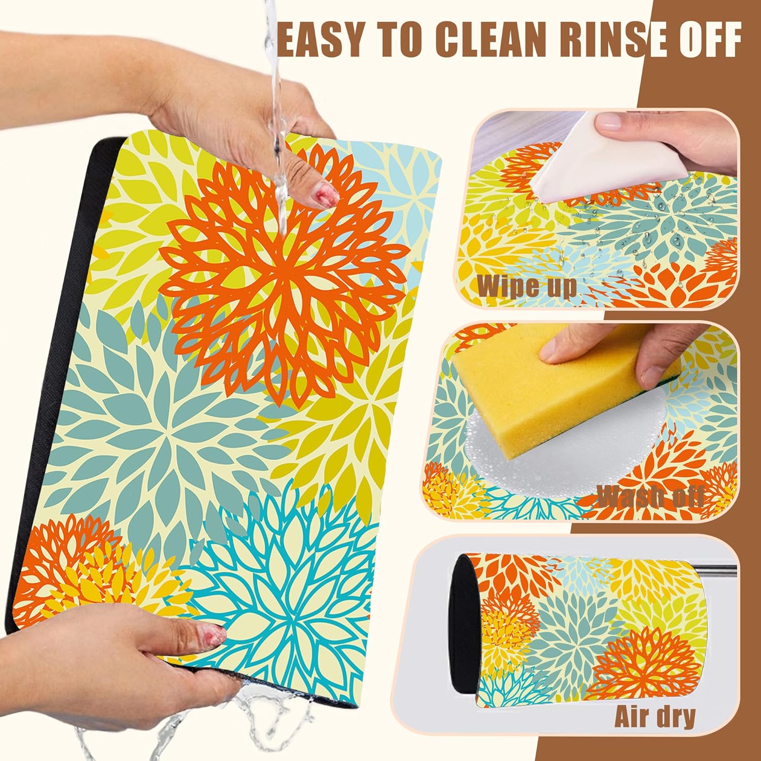 Orange and Blue Chrysanthemum Flower Coffee Mat Absorbent Dish Drying Mat Hide Stain Rubber Backed Coffee Bar Accessories Fit Under Espresso Machine Cafe Table 11.8 x 19.7 Inch - cafe - crumble.com