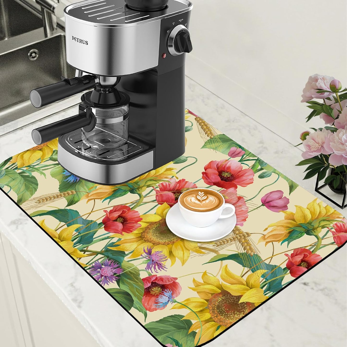 Yellow Sunflower Cornflower Coffee Mat Absorbent Dish Drying Mat for Kitchen Counter Hide Stain Rubber Backed Coffee Bar Accessories Fit Under Espresso Machine 15.7 x 23.6 Inch - cafe - crumble.com