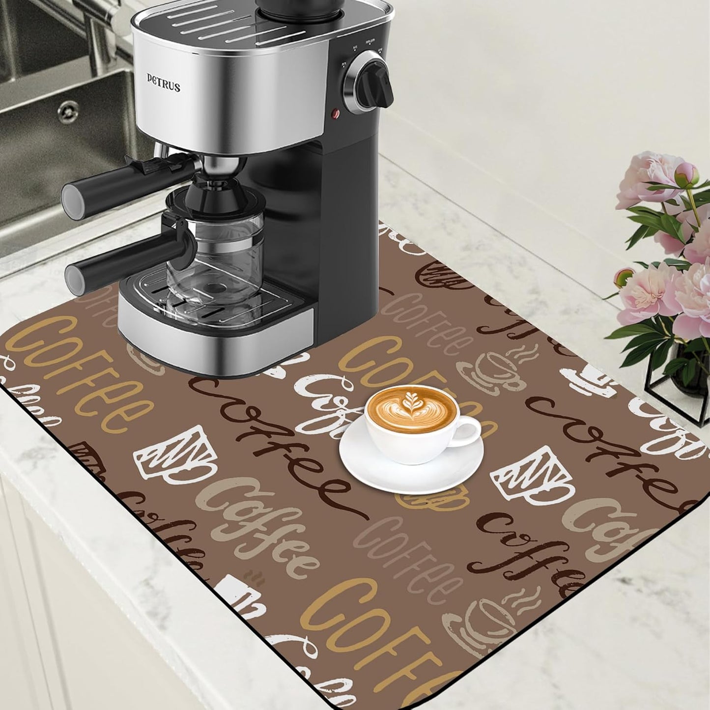 Doodle Coffee Dish Drying Mat Coffee Bar Mat for Countertop Rubber Backed Absorbent Hide Stain Dish Drainer Rack Pad Espresso Machine Table Accessories Dining Room Decoration 15.7 x 23.6 Inch - cafe - crumble.com