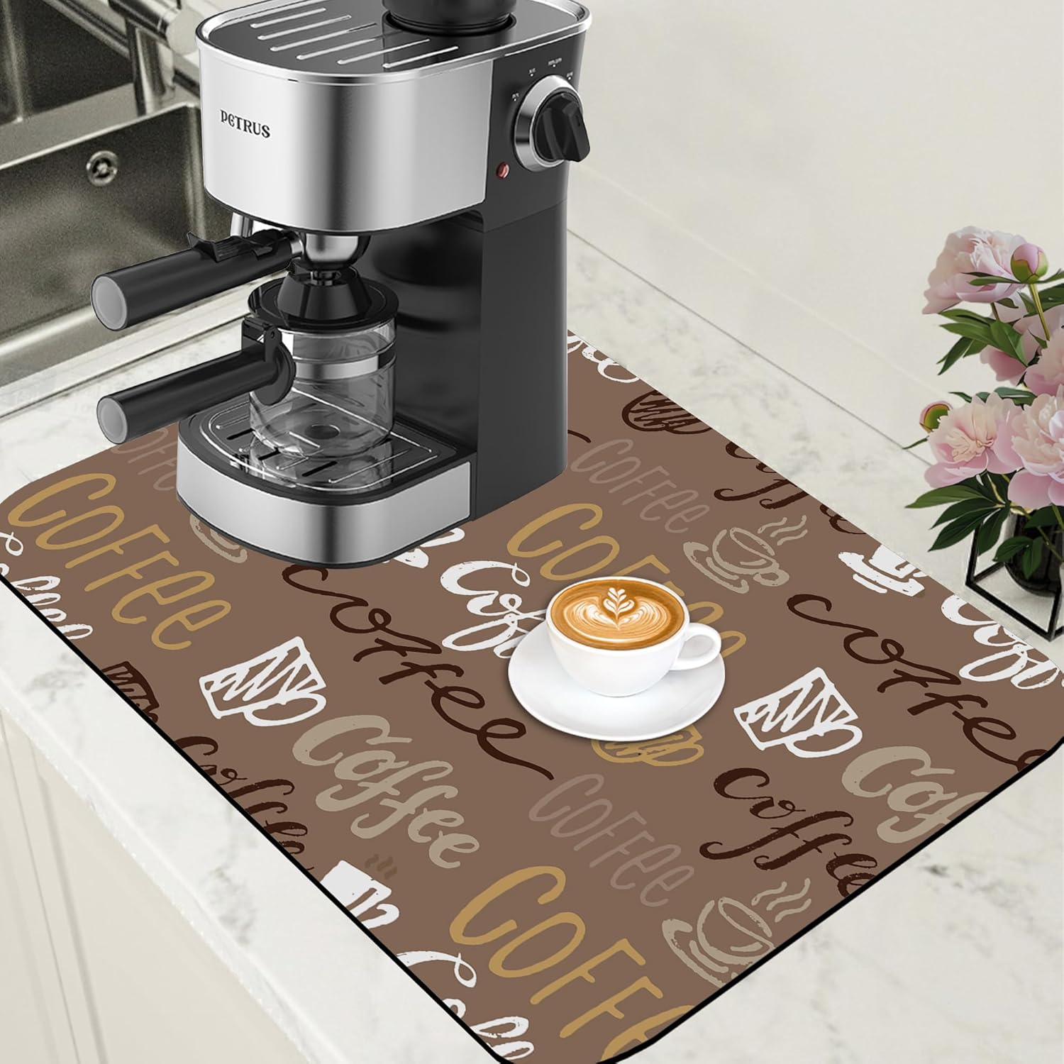 Doodle Coffee Dish Drying Mat Coffee Bar Mat for Countertop Rubber Backed Absorbent Hide Stain Dish Drainer Rack Pad Espresso Machine Table Accessories Dining Room Decoration 15.7 x 23.6 Inch - cafe - crumble.com