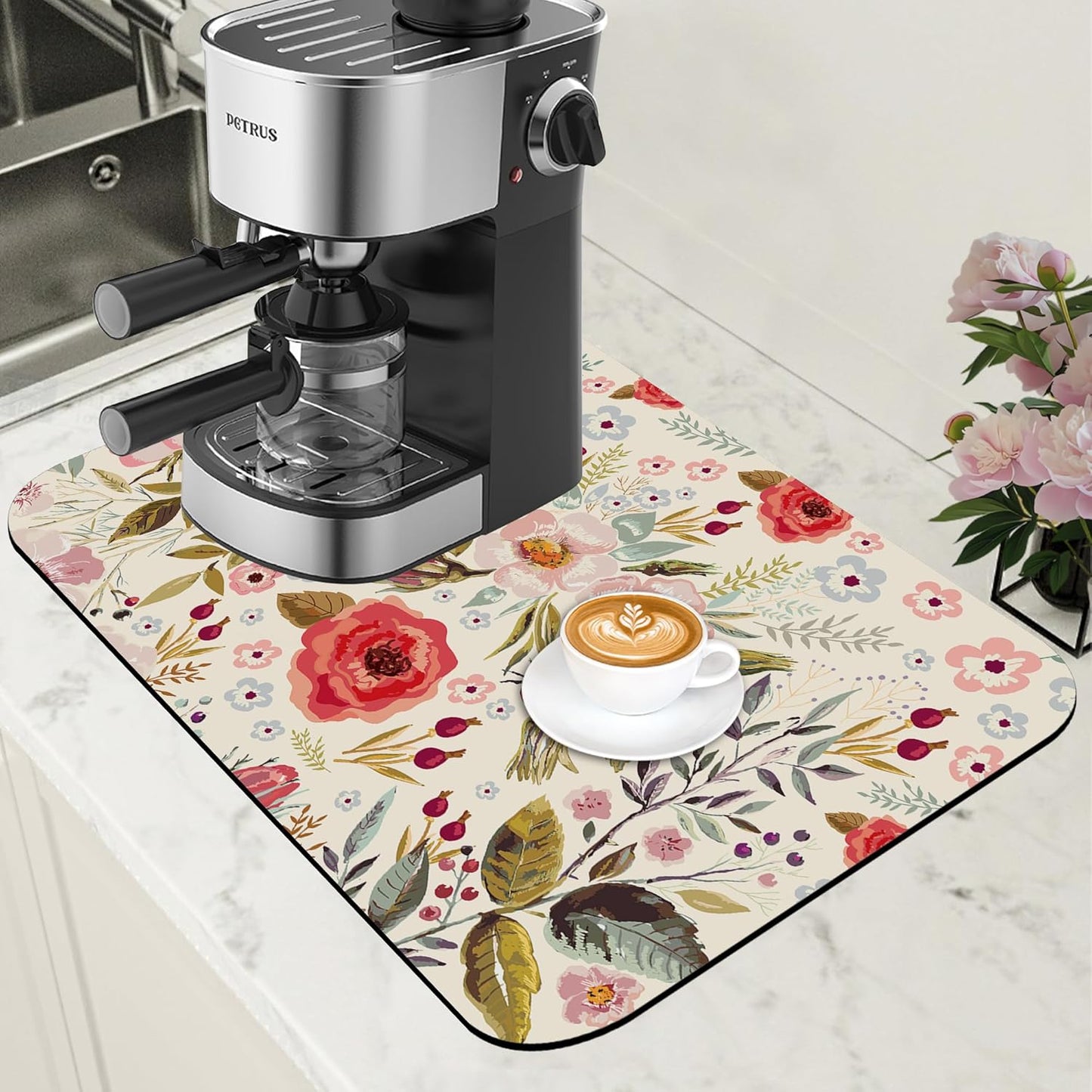 Vintage Flowers Coffee Mat Rose Berries Dish Drying Mat for Kitchen Counter Hide Stain Absorbent Rubber Backed Coffee Bar Accessories Fit Under Espresso Machine Dish Drainer, 11.8 x 19.7 Inch - cafe - crumble.com