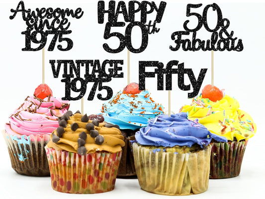 Gyufise 30Pcs Vintage 1975 Cupcake Toppers 50th Birthday Cake Decorations Cheers to 50 Fabulous Fifty Cupcake Picks 50th Birthday Wedding Anniversary Party Cake Decorations Supplies Black