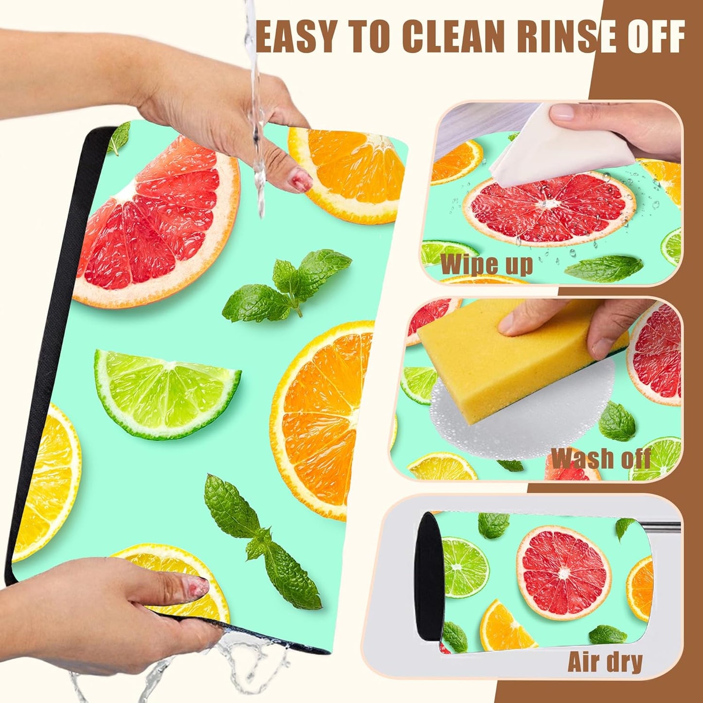 Citrus Fruits and Mint Leaves Dish Drying Mat for Kitchen Counter Hide Stain Absorbent Coffee Mat Rubber Backed Drying Rack Pad Espresso Machine Coffee Bar Accessories 11.8 x 19.7 Inch - cafe - crumble.com