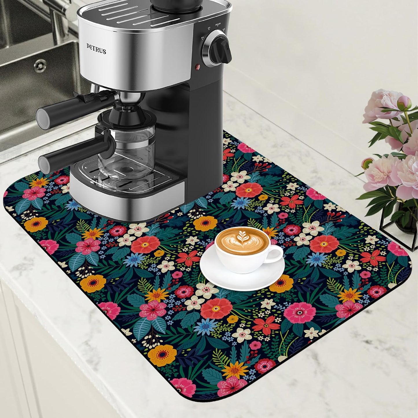 Dish Drying Mat Colorful Flowers and Leaves Coffee Bar Mat for Countertop Absorbent Hide Stain Rubber Backed Dish Drainer Rack Pad Espresso Machine Table Accessories Dining Room Decor 11.8 x 19.7 Inch - cafe - crumble.com