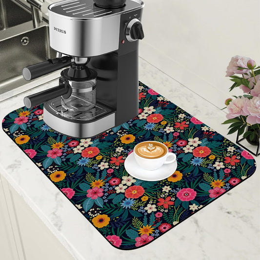 Dish Drying Mat Colorful Flowers and Leaves Coffee Bar Mat for Countertop Absorbent Hide Stain Rubber Backed Dish Drainer Rack Pad Espresso Machine Table Accessories Dining Room Decor 11.8 x 19.7 Inch - cafe - crumble.com