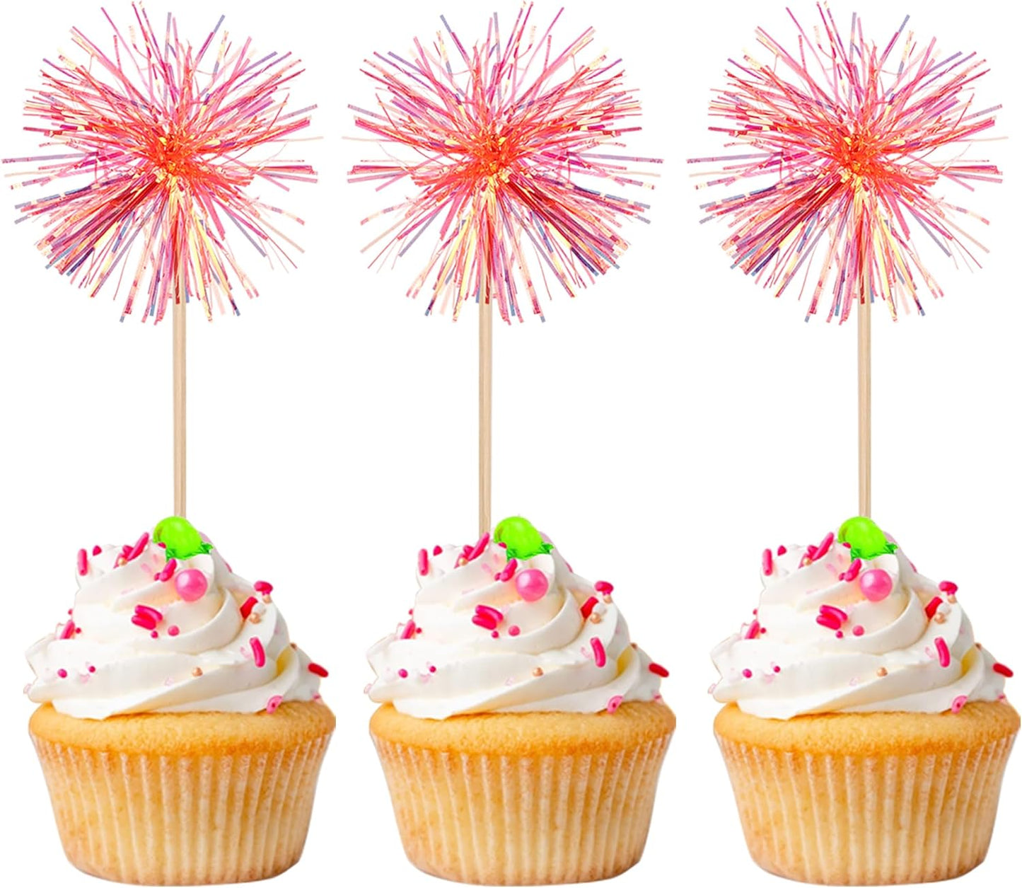 30 PCS Foil Firework Cupcake Toppers Happy Birthday Cupcake Toppers Sparkle Tinsel Flower Drink Stirrers Cocktail Fruit Toothpicks for Valentine's Day Baby Shower Party Cake Decor Supplies Orange