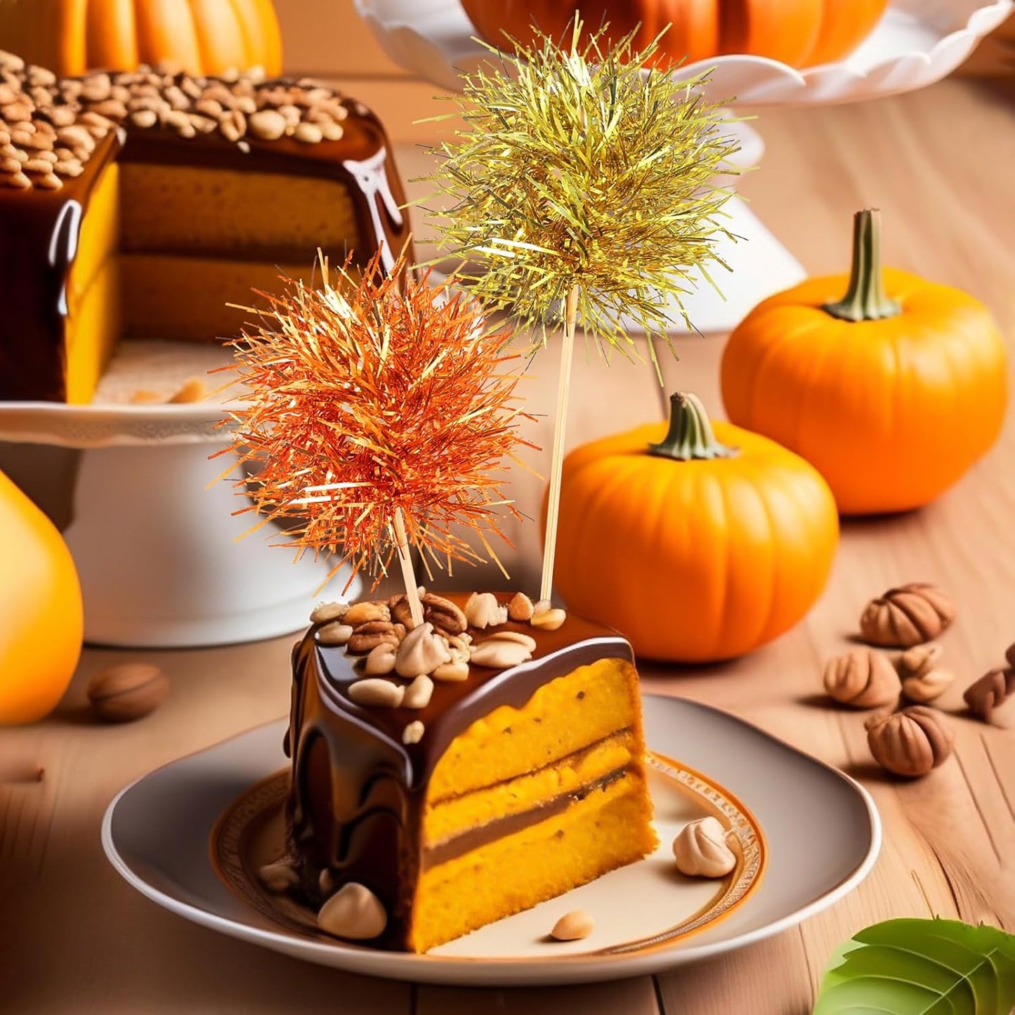 Chinco 100 Pcs Foil Firework Cupcake Toppers Sparkle Tinsel Cake Toppers Cake Decoration Cocktail Fruit Toothpick for Birthday Wedding Graduation Party (Silver, Red, Orange, Gold)