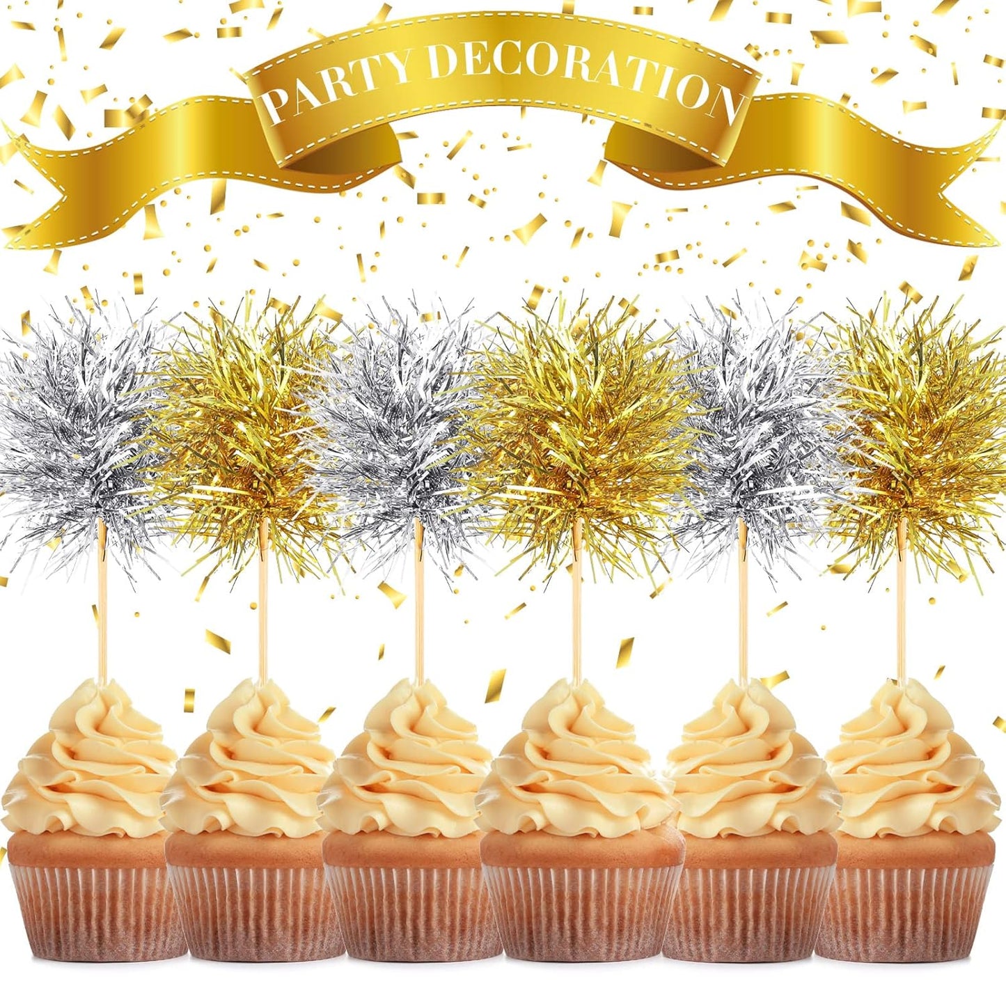 Chinco 100 Pcs Foil Firework Cupcake Toppers Sparkle Tinsel Cake Toppers Cake Decoration Cocktail Fruit Toothpick for Birthday Wedding Graduation Party(Gold, Silver)