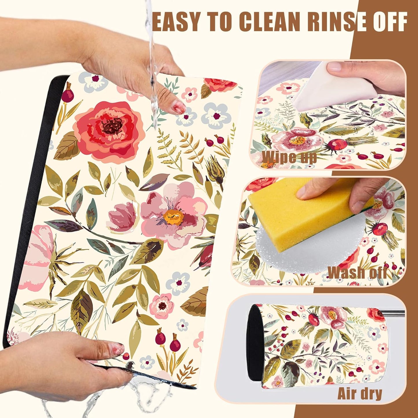 Vintage Flowers Coffee Mat Rose Berries Dish Drying Mat for Kitchen Counter Hide Stain Absorbent Rubber Backed Coffee Bar Accessories Fit Under Espresso Machine Dish Drainer, 11.8 x 19.7 Inch - cafe - crumble.com