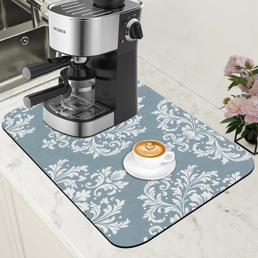Dish Drying Mat Blue Damask Floral Coffee Bar Mat for Countertop Absorbent Rubber Backed Hide Stain Dish Drainer Rack Pad Coffee Maker Espresso Machine Dining Room Decoration 11.8 x 19.7 Inch - cafe - crumble.com