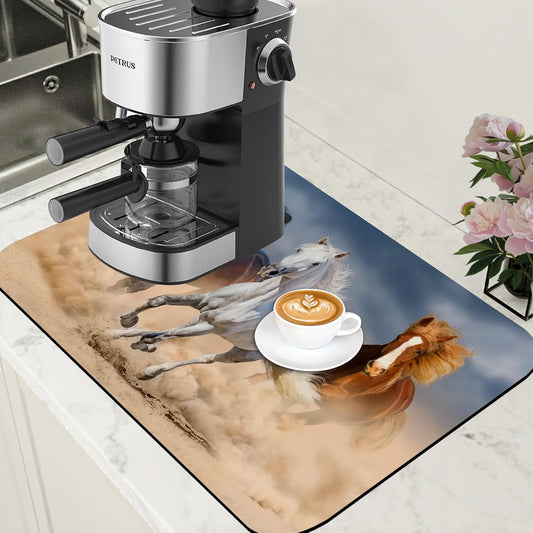Horses Run in Desert Coffee Mat Absorbent Dish Drying Mat for Kitchen Counter Hide Stain Rubber Backed Coffee Bar Accessories Fit Under Espresso Machine Cafe Table, 15.7 x 23.6 Inch - cafe - crumble.com