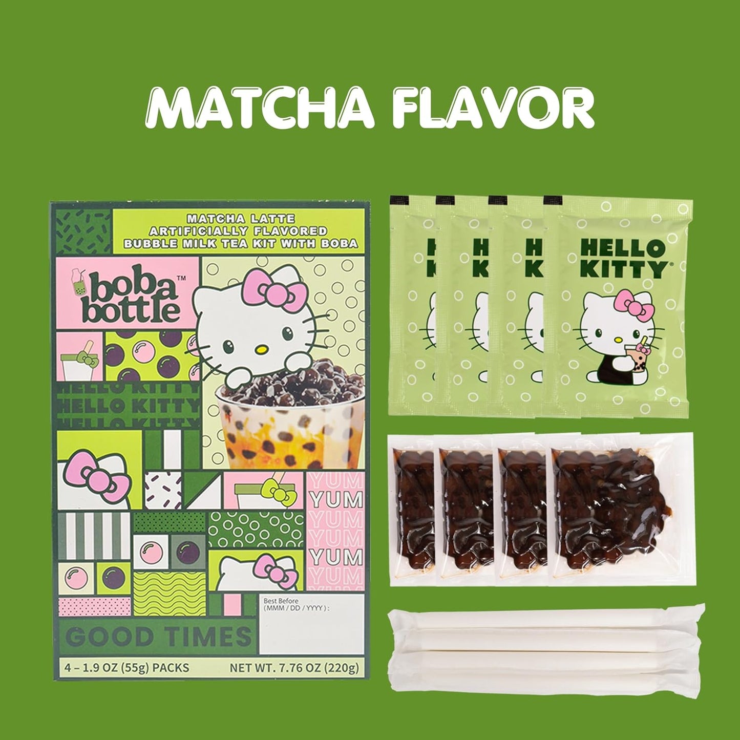 Hello Kitty Instant Boba Milk Tea Variety Kit, Brown Sugar, Taro, Match Flavor, with Taiwan Tapioca Pearls, Paper Straws Included (12 Servings)
