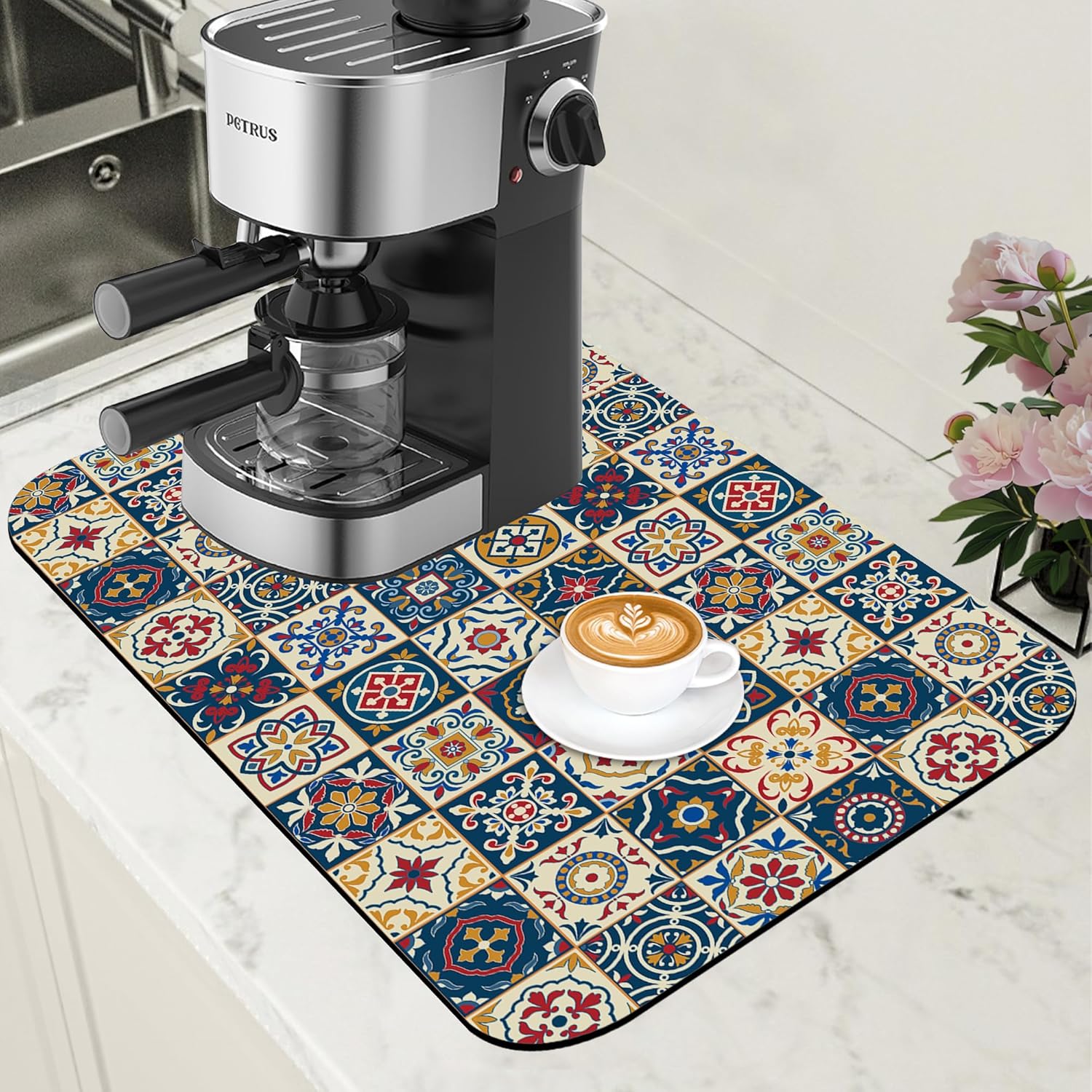 Dish Drying Mat Moroccan Tile Coffee Bar Mat for Countertop Absorbent Rubber Backed Hide Stain Dish Drainer Rack Pad Coffee Maker Espresso Machine Dining Room Decoration 11.8 x 19.7 Inch - cafe - crumble.com