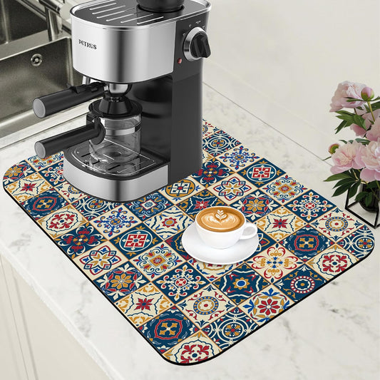 Dish Drying Mat Moroccan Tile Coffee Bar Mat for Countertop Absorbent Rubber Backed Hide Stain Dish Drainer Rack Pad Coffee Maker Espresso Machine Dining Room Decoration 11.8 x 19.7 Inch - cafe - crumble.com