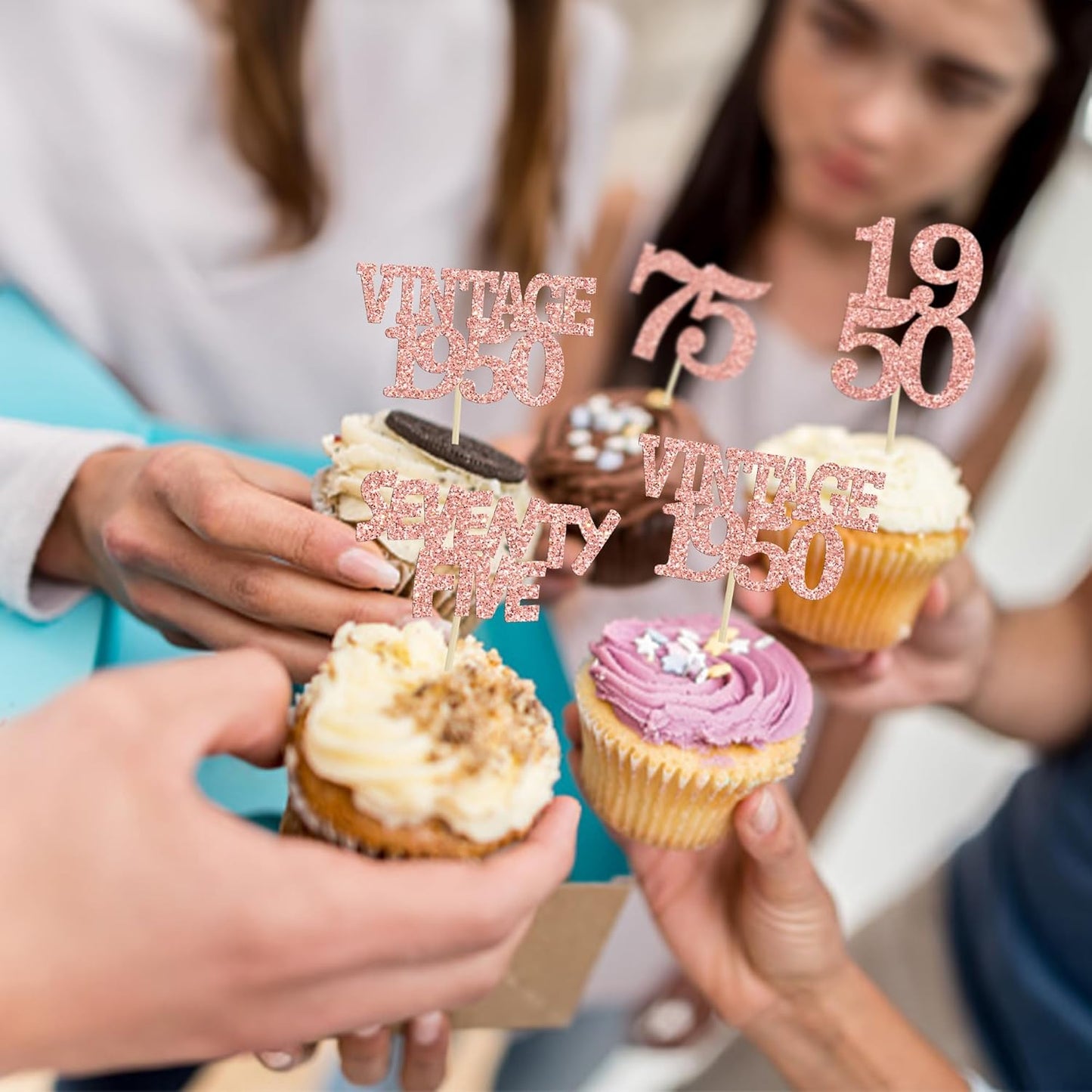 Gyufise 24Pcs 75th Birthday Cupcake Toppers Glitter Cheers to 75 Fabulous Seventy Five Vintage 1950 Cupcake Picks 75th Birthday Wedding Anniversary Party Cake Decorations Supplies Rose Gold