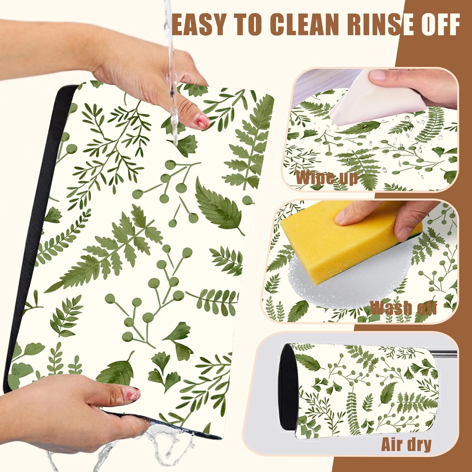 Green Leaf Coffee Mat Herb Dish Drying Mat for Kitchen Counter Hide Stain Rubber Backed Absorbent Coffee Bar Accessories Fit Under Espresso Machine Cafe Table, 11.8 x 19.7 Inch - cafe - crumble.com
