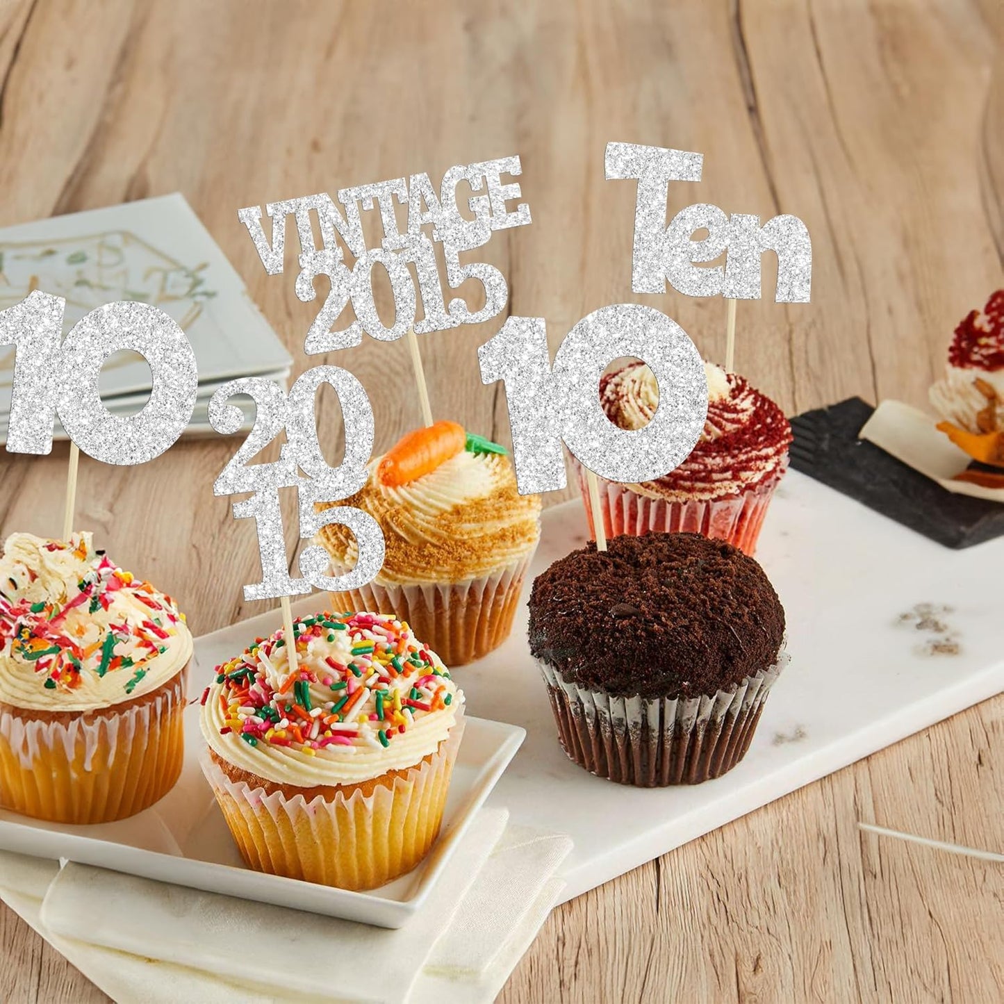 Gyufise 24Pcs 10th Birthday Cupcake Toppers Glitter Ten Vintage 2015 Hello 10 Years Birthday 10 Cupcake Picks Double Digits Cake Decorations for Happy 10th Birthday Anniversary Party Supplies Silver