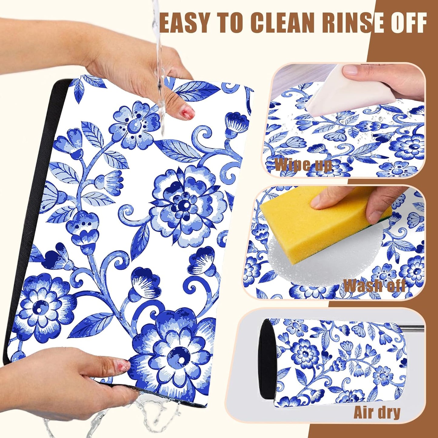 Dish Drying Mat Watercolor Blue Flowers Coffee Bar Mat for Countertop - Absorbent, Rubber Backed, Hide Stain Dish Drainer Rack - Coffee Maker Pot Dining Room Decor 15.7 x 23.6 Inch - cafe - crumble.com