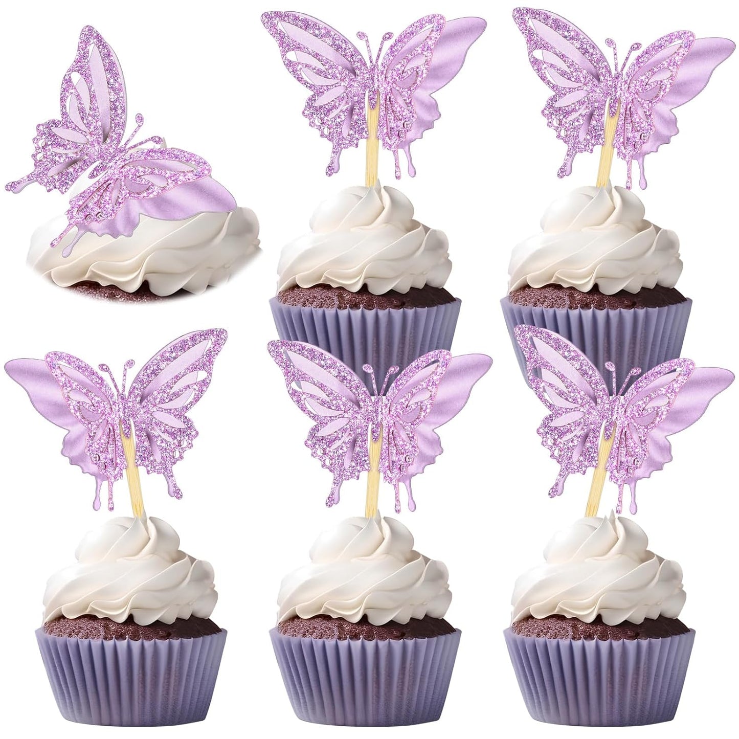Chinco 48 Pcs Butterfly Cupcake Toppers Assembled Double Layer Cupcake Topper 3D Glitter Cake Topper Butterfly Cocktail Pick Decoration for Baby Shower Birthday Wedding(Purple,Retro Style)