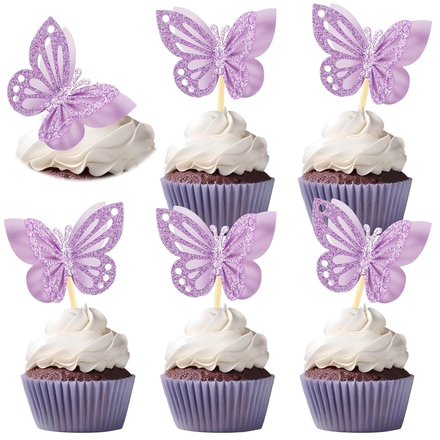 Chinco 48 Pcs Butterfly Cupcake Toppers Assembled Double Layer Cupcake Topper 3D Glitter Cake Topper Butterfly Cocktail Pick Decoration for Baby Shower Birthday Wedding(Purple,Classic Style)