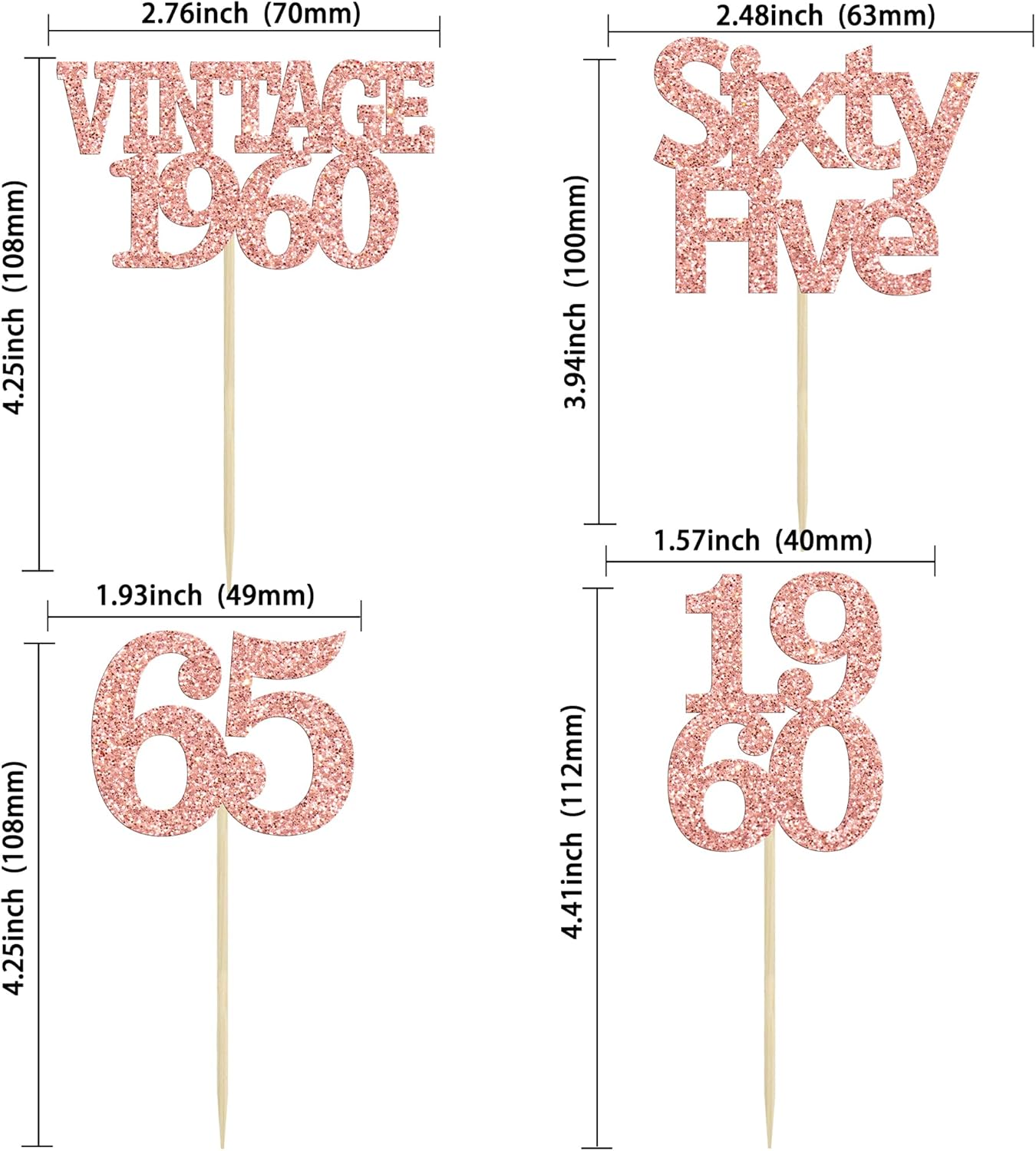 Gyufise 24Pcs 65th Birthday Cupcake Toppers Glitter Cheers to 65 Fabulous Sixty Five Vintage 1960 Cupcake Picks 65th Birthday Wedding Anniversary Party Cake Decorations Supplies Rose Gold