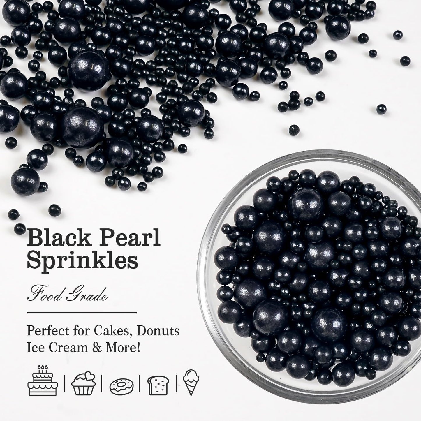 Black Pearl Sugar Sprinkles, Edible Black Sprinkles for Cake Decorating, 150g/5.29oz, Baking Cake Decorations, Ice Cream Toppers, Cupcakes, Cookies, Birthday, Wedding Party Chirstmas Supplies - cafe - crumble.com