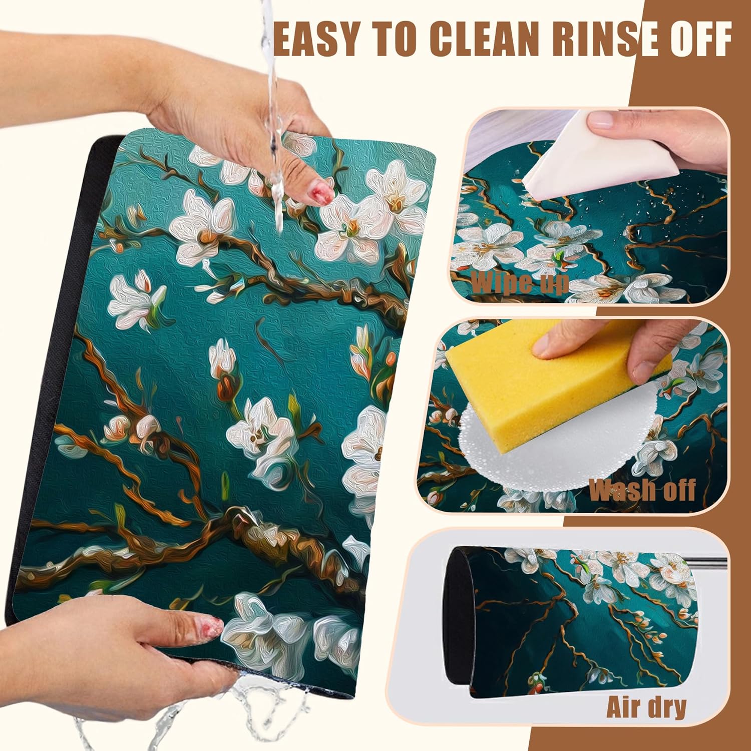 Blossoming Almond Tree Dish Drying Mat for Kitchen Counter Bar Mat Hide Stain Absorbent Rubber Backed Coffee Mat Coffee Maker Espresso Machine Bar Accessories 15.7 x 23.6 Inch - cafe - crumble.com