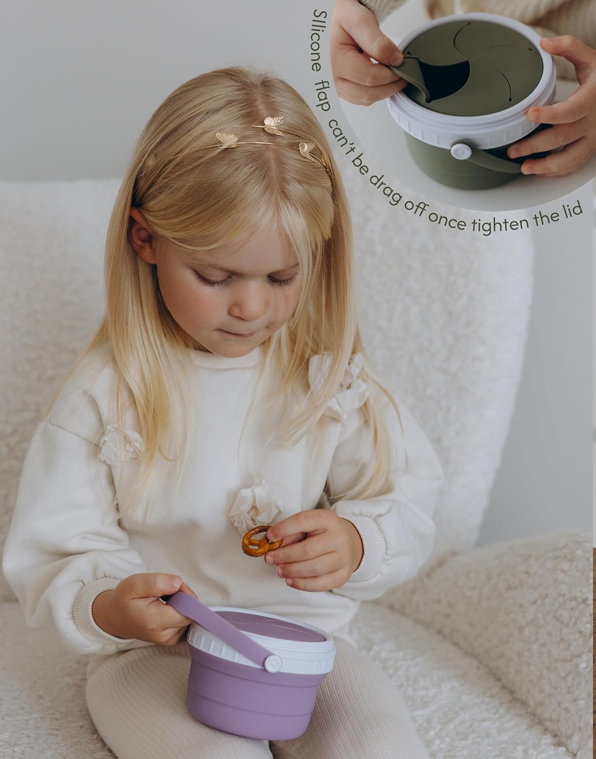 No Spill Silicone Toddler Snack Containers, Detachable Silicone Flap for Filling&Cleaning, Crumb-Free Hard Plastic Screw Travel Lid, Ultra-Soft for Baby Kids Hand In-Out, Snack Cup Holder 12 oz