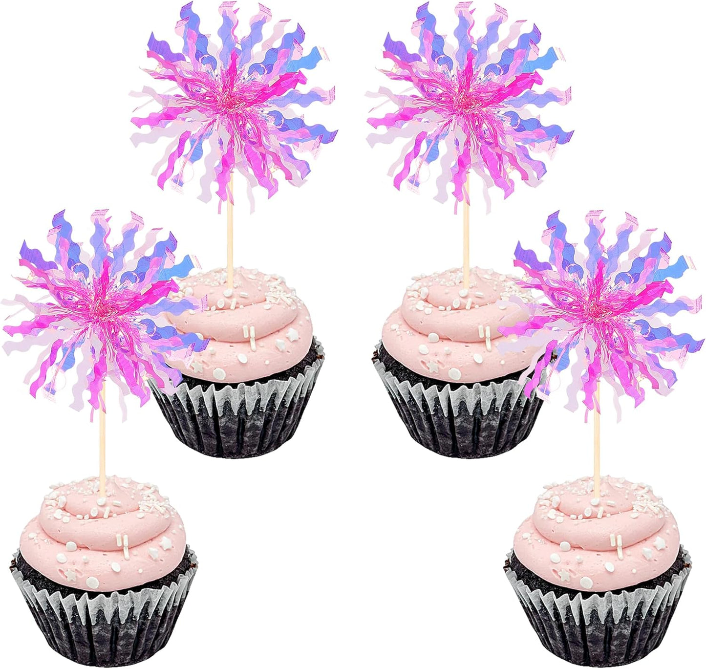 30 PCS Foil Firework Cupcake Toppers Sparkle Tinsel Cupcake Picks Happy Birthday Cake Decorations Drink Stirrers Cocktail Food Fruit Toothpicks for Baby Shower Graduation Party Supplies Rose Red