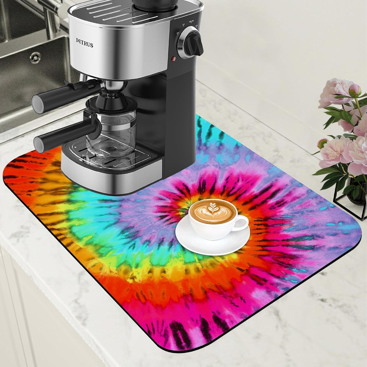 Dish Drying Mat Colorful Tie Dye Coffee Bar Mat for Countertop Absorbent Rubber Backed Hide Stain Dish Drainer Rack Pad Coffee Maker Espresso Machine Dining Room Decoration 11.8 x 19.7 Inch - cafe - crumble.com