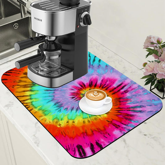 Dish Drying Mat Colorful Tie Dye Coffee Bar Mat for Countertop Absorbent Rubber Backed Hide Stain Dish Drainer Rack Pad Coffee Maker Espresso Machine Dining Room Decoration 11.8 x 19.7 Inch - cafe - crumble.com