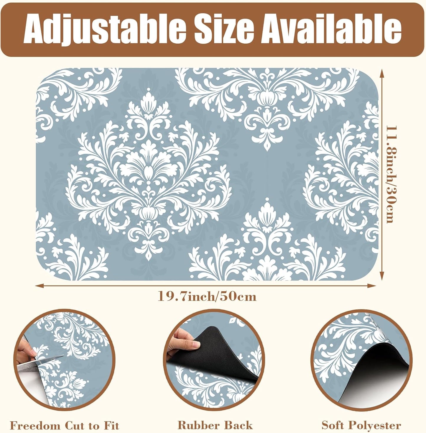 Dish Drying Mat Blue Damask Floral Coffee Bar Mat for Countertop Absorbent Rubber Backed Hide Stain Dish Drainer Rack Pad Coffee Maker Espresso Machine Dining Room Decoration 11.8 x 19.7 Inch - cafe - crumble.com